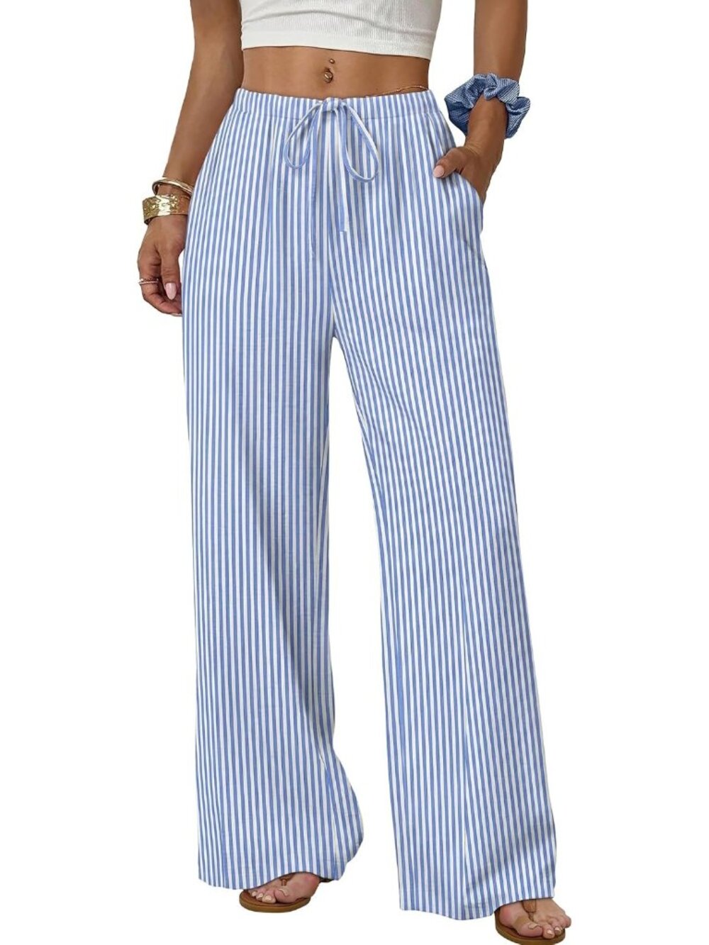 Women's Striped Blue Flowy Elastic Waist Trousers with Pockets Summer Leg Pants